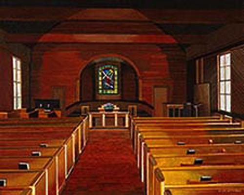 BETHEL PRESBYTERIAN 
SANCTUARY


 - Gary Woolard was chosen in his native Beaufort County to paint the 12 oldest churches in the 12 oldest counties in the state. His rendering of the sanctuary of the 1885 Bethel Presbyterian Church with its striking chestnut bead board is a delicate balance between geometric precision and poetic artistry.